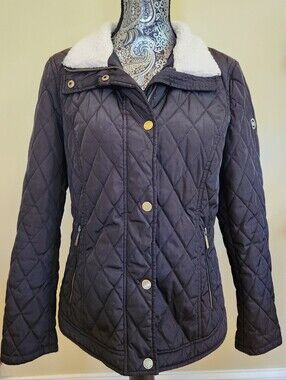 Michael Kors Diamond Quilted Jacket Black Womens Sz Medium M Sherpa Collar